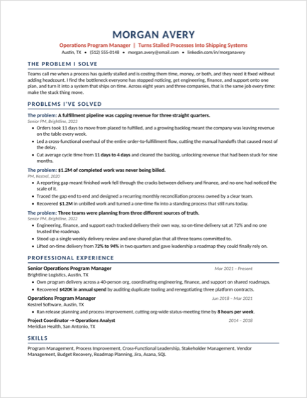 Preview of the Problems-First resume template